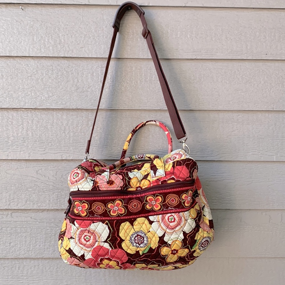 Vera Bradley Buttercup Coral Brown Floral Quilted Duffle Bag Handles and Strap